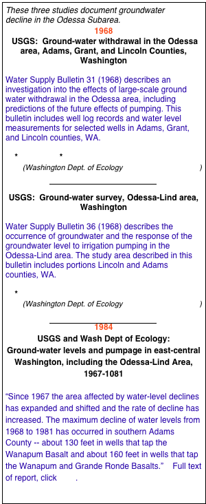 These three studies document groundwater decline in the Odessa Subarea.
1968
	USGS:  Ground-water withdrawal in the Odessa area, Adams, Grant, and Lincoln Counties, Washington

Water Supply Bulletin 31 (1968) describes an investigation into the effects of large-scale ground water withdrawal in the Odessa area, including predictions of the future effects of pumping. This bulletin includes well log records and water level measurements for selected wells in Adams, Grant, and Lincoln counties, WA.

    * Book         * Plate 
(Washington Dept. of Ecology Water supply Bulletins)

￼
	
USGS:  Ground-water survey, Odessa-Lind area, Washington

Water Supply Bulletin 36 (1968) describes the occurrence of groundwater and the response of the groundwater level to irrigation pumping in the Odessa-Lind area. The study area described in this bulletin includes portions Lincoln and Adams counties, WA.

    * Book
(Washington Dept. of Ecology Water supply Bulletins)

￼
1984
USGS and Wash Dept of Ecology:  
Ground-water levels and pumpage in east-central Washington, including the Odessa-Lind Area, 1967-1081

“Since 1967 the area affected by water-level declines has expanded and shifted and the rate of decline has increased. The maximum decline of water levels from 1968 to 1981 has occurred in southern Adams County -- about 130 feet in wells that tap the Wanapum Basalt and about 160 feet in wells that tap the Wanapum and Grande Ronde Basalts.”    Full text of report, click here.



